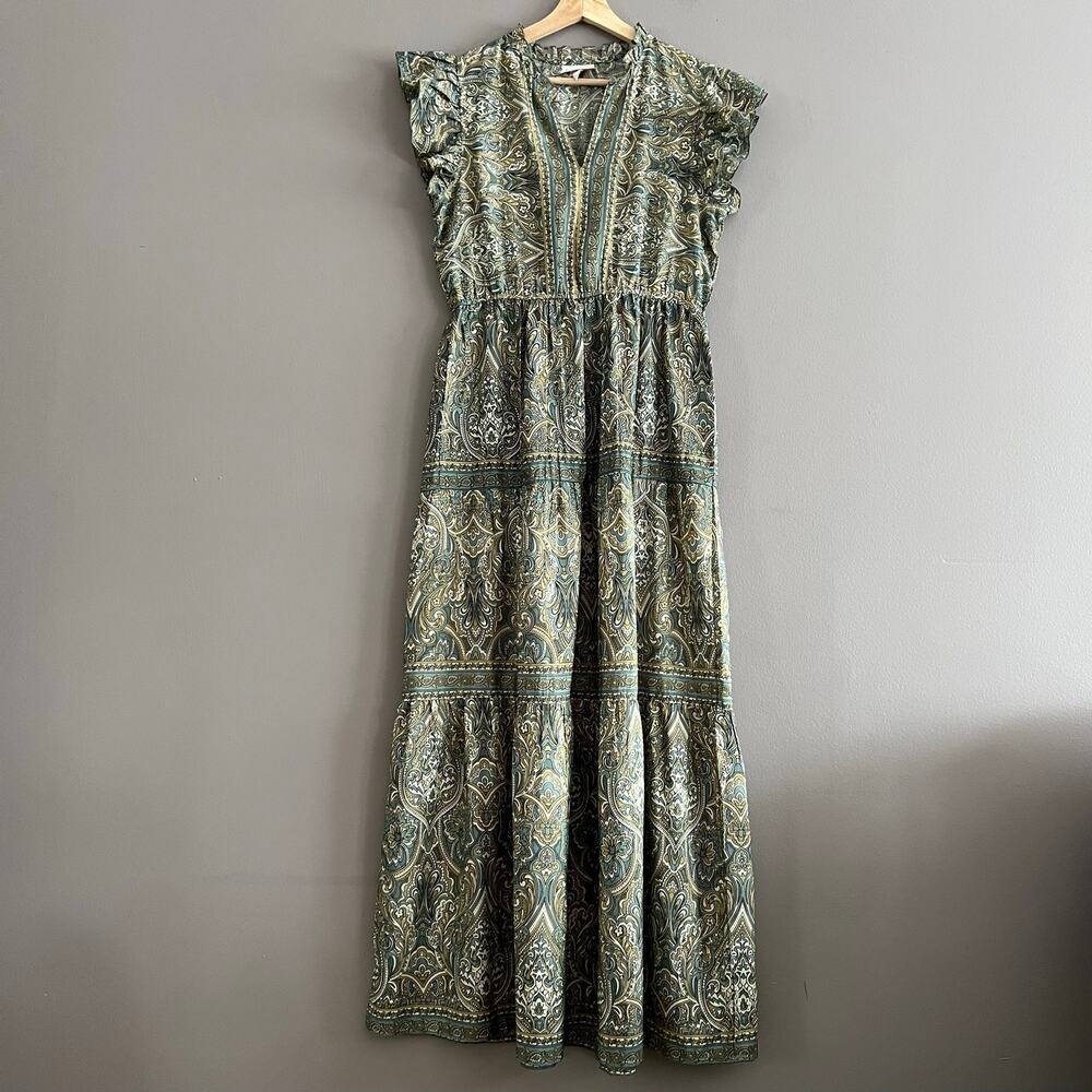 Boemo Anthropologie Green Paisley Tiered Maxi Dress Boho Bohemian Women’s L